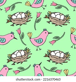 Cute green spring easter seamless pattern, birds and nest with eggs, tulips on bright background.