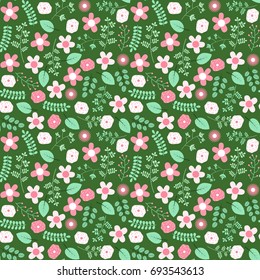 Cute green spring or summer seamless pattern design with flowers for textile, clothing for women and girl products
