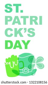 Cute Green St. Patrick's Day Poster, Card Greeting, or Shirt Design with Hat, Beer and Clover Leaf Icon. Vector Illustration for Graphic Design, Template, Background and more. 