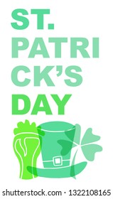 Cute Green St. Patrick's Day Poster, Card Greeting, or Shirt Design with Hat, Beer and Clover Leaf Icon. Vector Illustration for Graphic Design, Template, Background and more. 