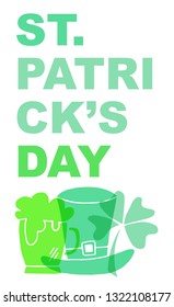 Cute Green St. Patrick's Day Poster, Card Greeting, or Shirt Design with Hat, Beer and Clover Leaf Icon. Vector Illustration for Graphic Design, Template, Background and more. 