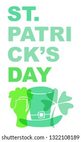 Cute Green St. Patrick's Day Poster, Card Greeting, or Shirt Design with Hat, Beer and Clover Leaf Icon. Vector Illustration for Graphic Design, Template, Background and more. 