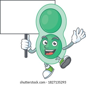 Cute green streptococcus pneumoniae mascot design smiley with rise up a board. Vector illustration