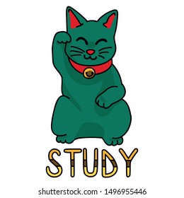 Cute green study lucky cat vector. Hand drawn Asian cultural symbol clipart. 