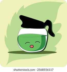 Cute Green Tea Cup Cartoon Illustration. Matcha tea. Vector set of organic tea matcha powder, teapot, traditional cup. green tea ceremony. Healthy drink.