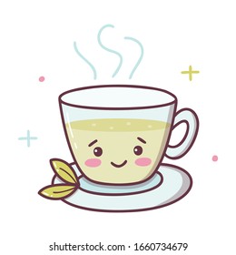 Cute сup of green tea. Kawaii cartoon character isolated on a white background. Vector illustration.
