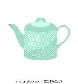Cute green teapot cartoon illustration. Colorful ceramic kettle with ornament for boiling water. Household, kitchen utensils, decoration, teatime concept
