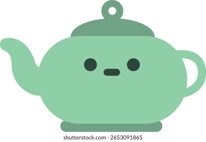 Cute green teapot with a flat spout design, ideal for tea-time, hospitality themes, Ramadan kitchen icons, or minimalist cartoon illustrations.