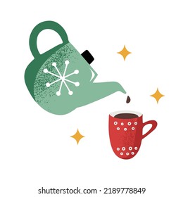 Cute green teapot pouring tea or coffee into red mug. Isolated on white vector illustration with grainy texture