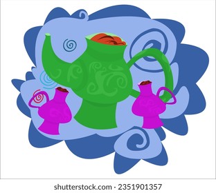 A cute green teapot and two lilac funky cups with hot tea on a blue vintage background. This cartoon illustration can be used as a logotype for cafes, cafeterias, bars and tea shops. Vector, isolated.