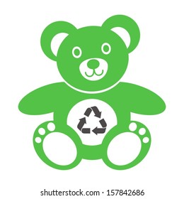 Cute green teddy bear icon with recycling symbol on a white background