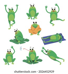 Cute green toad cartoon character vector illustrations set. Jumping, relaxing, dancing, meditating, sitting, waving frog drawings isolated on white background. Wildlife, nature, animals concept
