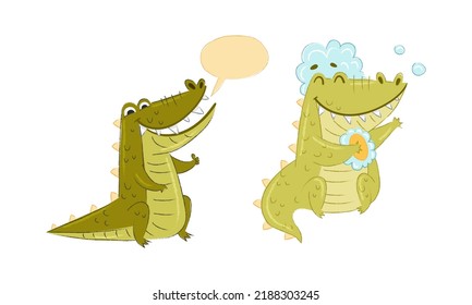 Cute Green Toothy Crocodile or Gator Character with Speech Bubble and Taking Shower with Sponge and Foam Vector Set
