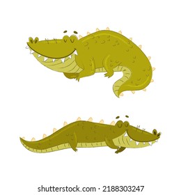 Cute Green Toothy Crocodile or Gator Character Lying and Sleeping Vector Set