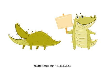 Cute Green Toothy Crocodile or Gator Character Standing and Holding Empty Placard Vector Set
