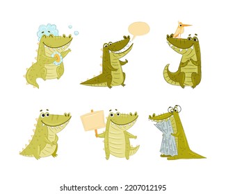 Cute Green Toothy Crocodile or Gator Character Engaged in Different Activity Vector Set