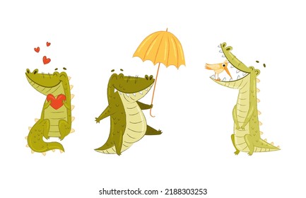 Cute Green Toothy Crocodile Holding Heart, Walking with Umbrella and Bird Brushing Teeth Vector Set