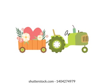 Cute Green Tractor with Cart Full of Spring or Summer Flowers, Colorful Agricultural Farm Transport Vector Illustration