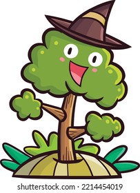 Cute green tree character wearing purple witch hat