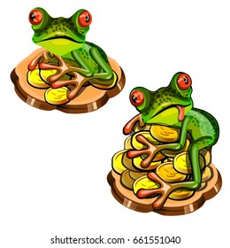 Cute green tree frog with a red tongue stole a gold coin isolated on white background. Vector cartoon close-up illustration.