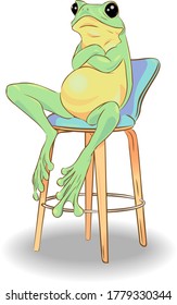 A cute green tree frog sits on a chair with its legs crossed on its belly. Vector illustration in lineart style. Anthropomorphic animal. Print for T-shirts, shoppers. Waiting concept