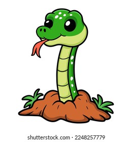 Cute green tree python cartoon out from hole