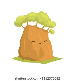 Cute green tree with smiling face expression. Cartoon character of forest plant with thick trunk. Flat vector design