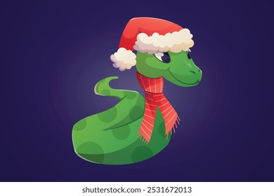 Cute green tree snake in Santa Claus hat and scarf. Symbol of Chinese New Year 2025. Vector isolated cartoon Christmas character illustration.
