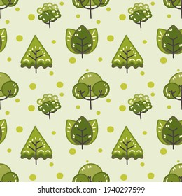 Cute green trees seamless pattern with green dot and soft color background 