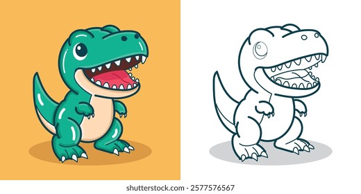 A cute green T-rex illustration for a sticker, design element, or coloring book element