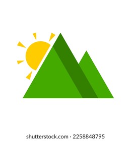 Cute green triangle mountain with sun sunshine drawing doodle icon logo flat vector design.