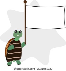 Cute green turtle cartoon animal, standing upright, standing with banner flags, wild animals, vector illustration.