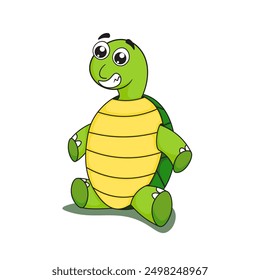 Cute green turtle character is sitting while smiling broadly