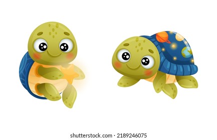 Cute Green Turtle Dreaming of Outer Space and Holding Star Vector Set