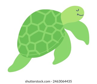 Cute green turtle in flat design. Happy underwater tortoise swimming. Vector illustration isolated.