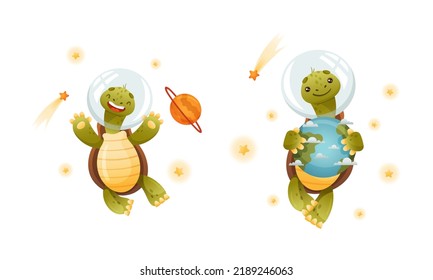 Cute Green Turtle Floating in Outer Space Among Yellow Stars and Planet Vector Set