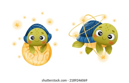 Cute Green Turtle Floating in Outer Space with Planet and Star Vector Set