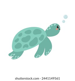 Cute green turtle with hand drawn sea life elements. Sea animals. Vector doodle cartoon turtle of marine life objects for your design.