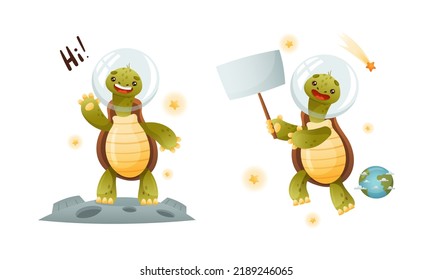 Cute Green Turtle in Helmet Greeting from Moon and Floating Holding Empty Signboard Vector Set