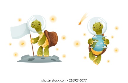 Cute Green Turtle in Outer Space with Flag on Moon Surface and Floating with Earth Planet Vector Set