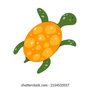 Cute green turtle with shell. Funny cartoon tortoise top view. Happy underwater animal. Color flat vector illustration isolated on white background