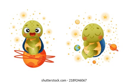 Cute Green Turtle Sitting on Planet and Floating in Outer Space Vector Set
