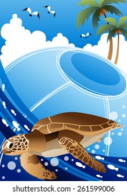 Cute Green Turtle with Summer Tropical Island - happy marine life enjoying fun with saltwater fish in beautiful under water on a background with bright blue sky and white clouds : vector illustration