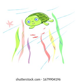 Cute green turtle vector illustration. Colorful underwater view illustration. 