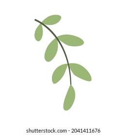 Cute green twig with oval leaves. Doodle style. Simple flat autumn icon. Stylized element, clipart, object, item, sticker for poster, card, banner, package design. For seasonal sale. 