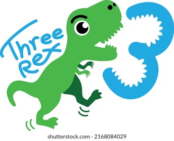 The cute green Tyrannosaurus Rex three-year-old. Design for baby boy and girl birthday on white background. Happy Birthday Card for a Child for Three Years.