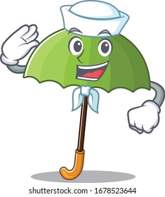Cute green umbrella Sailor cartoon character wearing white hat