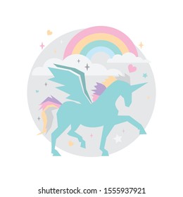 cute green  unicorn cartoon with rainbow and star shape