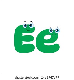 Cute Green Uppercase and Lowercase Letter E Cartoon Character. Vector Hand Drawn Illustration Isolated On white Background.