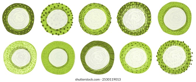 Cute Green Vector Labels, Round Gift Tags for Healthy Food, Cosmetics and Eco Product Designs